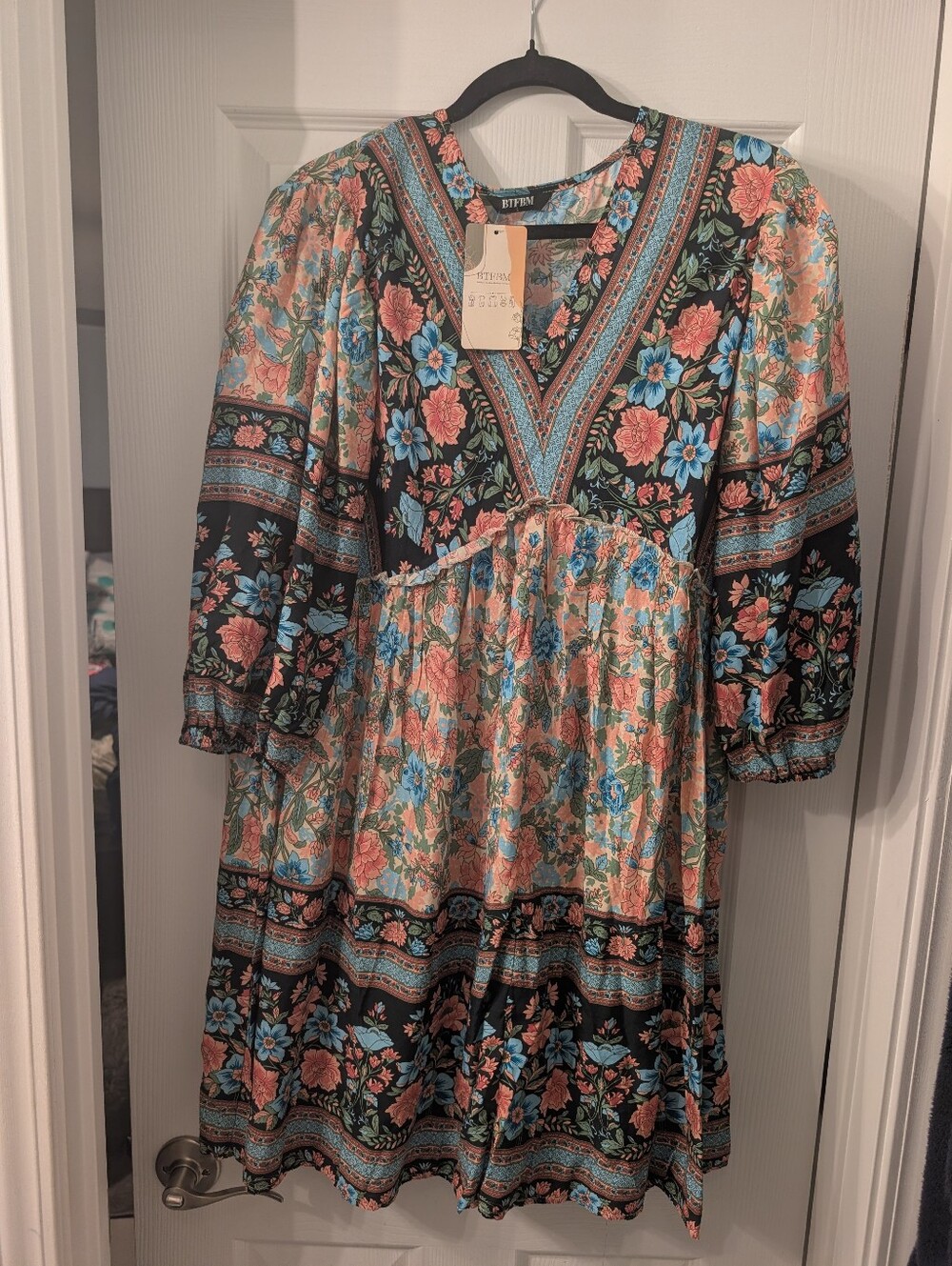 Bohemian Floral V-Neck Tiered Midi Dress in Black, Coral & Blue
